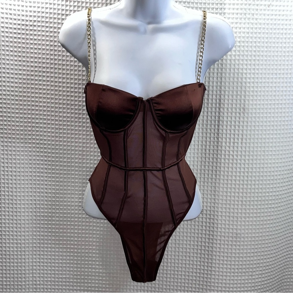 Fashion Nova Brown Bodysuit with Gold Chain Straps size medium